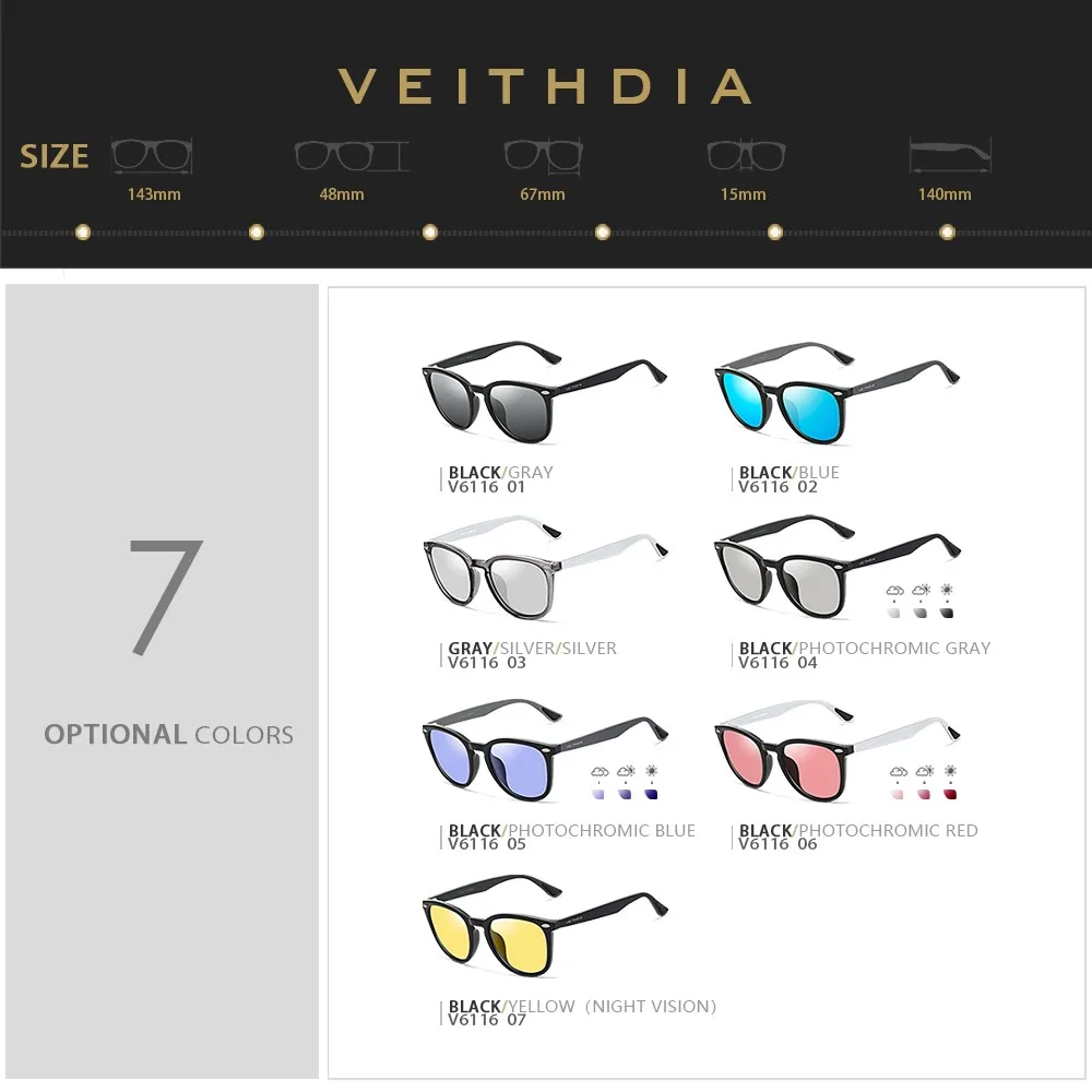 VEITHDIA Brand Unisex Aluminum+TR90 Men's Photochromic Mirror Sun Glasses Eyewear Vintage Outdoor Sunglasses For Women 6116 images - 6