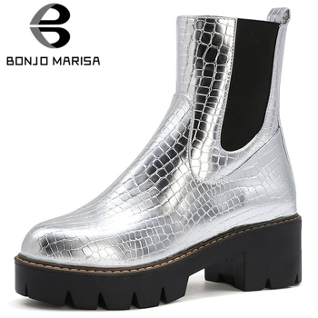 

BONJOMARISA Classic Ladies Fashion Fretwork slip-on Platform Ankle Boots Women Comfy Med Chunky Heels Shoes Woman