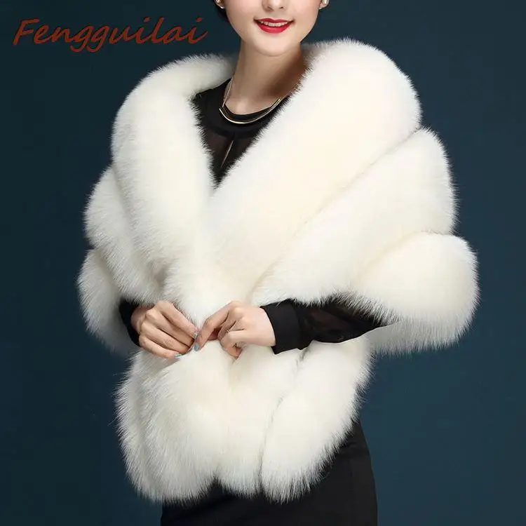 

FENGGUILAI Autumn Winter Ladies' Genuine Knitted Mink Fur Shawls Fox Fur Collar Women Fur Pashmina Wraps Bridal Cape Coat Jacket