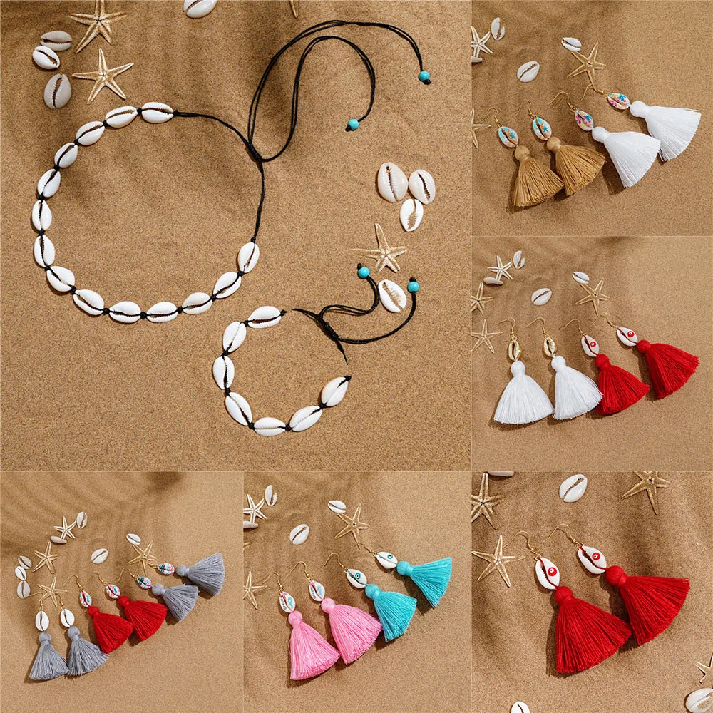 

SEDmart Bohemia Tassel Natural Sea Shell Earrings Necklace Chock Jewelry Set for Women Cutton Adjustable Rope Chain BeachJewelry