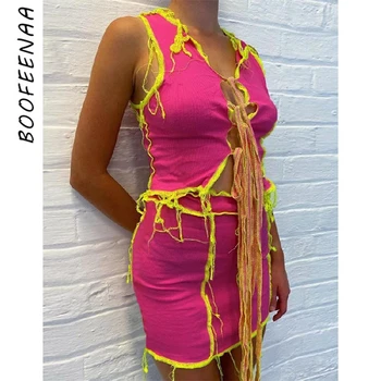 

BOOFEENAA Contrast Stitch Ribbed Knitted Two Piece Outfits Sexy Club Wear Matching Sets for Women Crop Top and Skirt C83-CC27