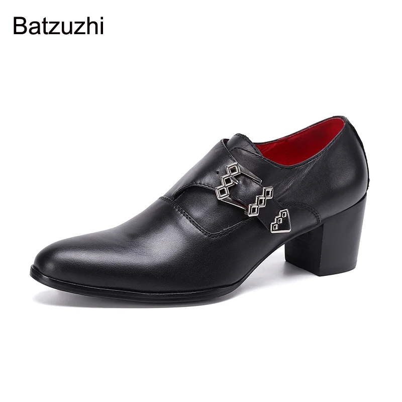 Batzuzhi Black Genuine Leather Dress Shoes Men 7cm High Heels Men Shoes Pointed Toe Buckle Strap Business Leather Shoes Male!