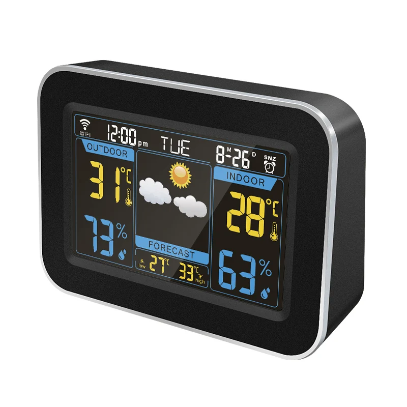Цифровая метеостанция WiFi Беспроводной термометром и гигрометром декоративные часы будильник с прогнозом погоды ЖК-дисплей цветной экран