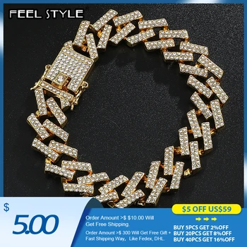 

15MM Cuban Chain Bling Iced Out Full Rhinestone Bracelet Geometric AAA CZ Stone Bracelets For Men Hip Hop Jewelry