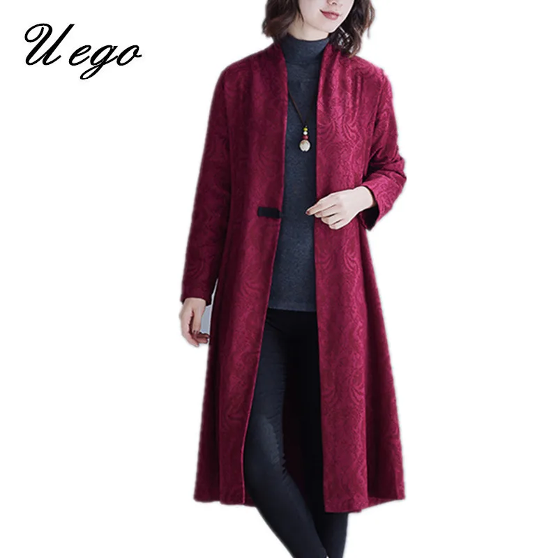 

Uego 2019 New Arrival Thicken Outerwear Trench Coat Fashion Jacquard Cotton Linen Fashion Women Trench Coat Autumn Winter Coat