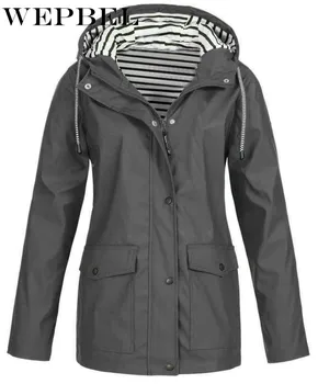

WEPBEL Women Solid Rain Jacket Outdoor Plus Size Raincoat Windproof Clothes Female Waterproof Hooded Long Sleeve Outerwear