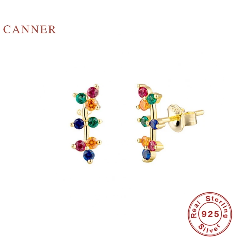 

CANNER Real 925 Sterling Silver Earrings For Women European And American Wild Fashion Colored Diamonds Zircon Stud Earrings