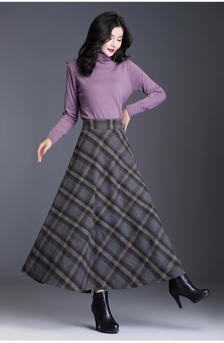 Осенняя шерстяная юбка макси для женщин faldas mujer moda зима размера плюс 3XL элегантная Высокая талия клетчатая ткань длинная одежда EE698