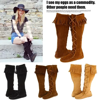 

Winter Women Genuine Leather Lace Boots Flat Heel Cross Strap Fringed Boots Suede Over The Knee Boots Size 41 Botas Femininas