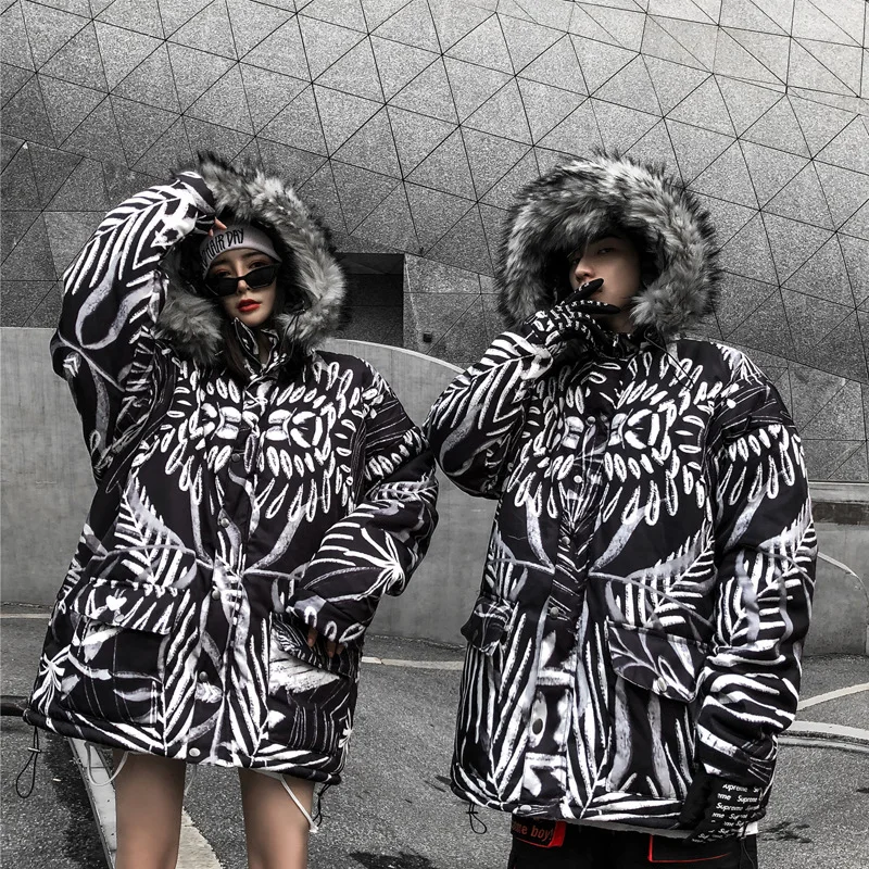 Flash Sale Hip Hop Fur Collar Parkas Men Women Streetwear Thick Winter Jacket Coats Leaf Print Loose Parka Couples Oversize US Size DG544
