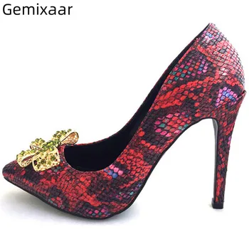 

Autumn New Women Pumps Slim Shallow Decor Metal Bow-knot Sexy Serpentine Pattern Party Zapatos Point Toe Comfy Insole Women Pump
