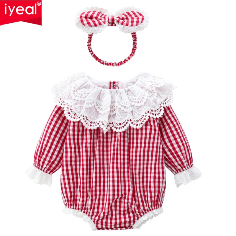 

IYEAL Newborn Baby Girl Bodysuits With Bow Headband Cotton Long Sleeve Lace Peter pan Collar Plaid Jumpsuit Outfits Clothes