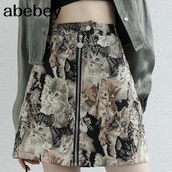 

Harajuku Women Cat Pattern Skirts Korean High Waist A-Line High Waist Falda Mujer Vintage Cartoon Streetwear Female Skirt