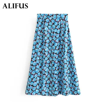 

Fashion Za Women Floral Print Solid Bule Skirt Faldas Mujer Elastic Waist A-Line Female Casual Chic Ankle Length Skirts