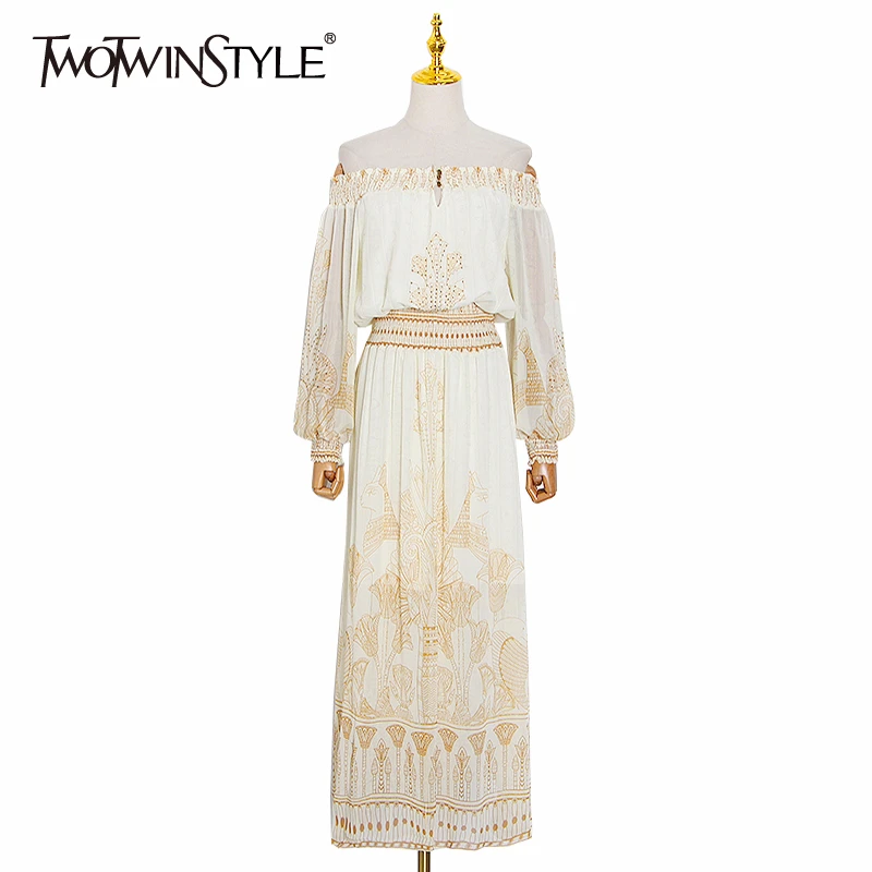 TWOTWINSTYLE Elegant Print Summer Dress Women Slash Neck Lantern Long Sleeve High Waist Hit Color Dresses For Female Fashion New TWOTWINSTYLE Elegant Print Summer Dress Women Slash Neck Lantern Long Sleeve High Waist Hit Color Dresses For Female Fashion New