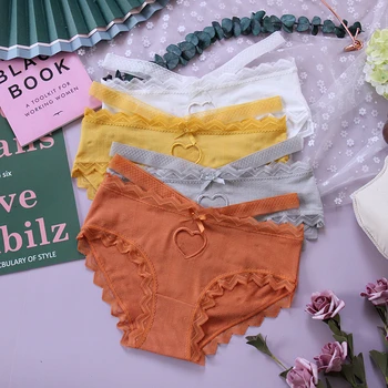 

5Colors Women's Cotton Crotch mesh Breathable Panties Underwear Girl Love Hollow Out Bow Low Waist European Sexy Lace Briefs