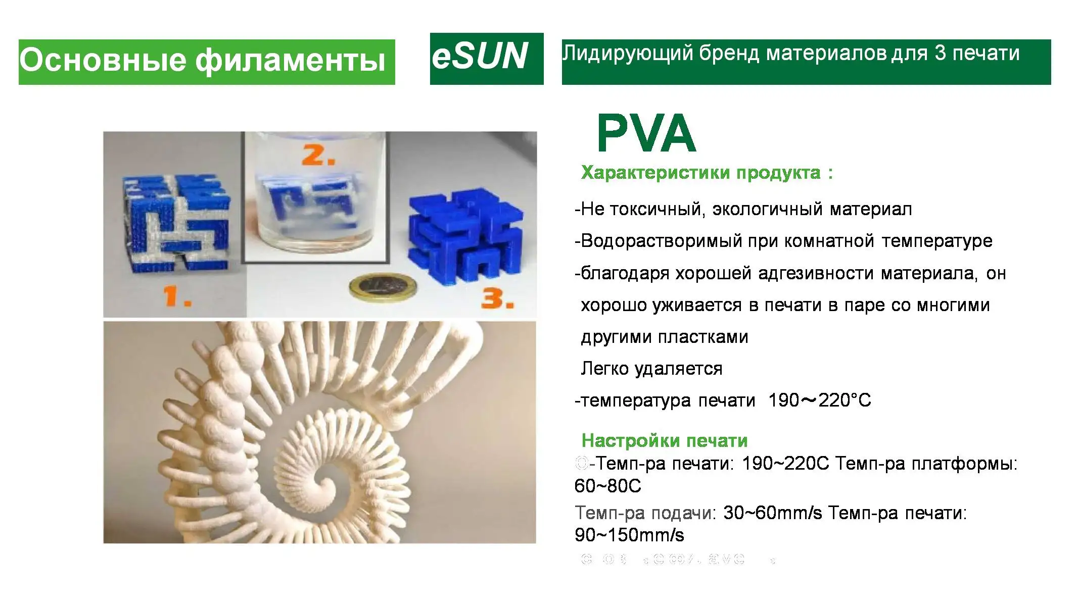 ESUN PVA 3D печать нити 1,75 мм 0,5 кг натуральный цвет