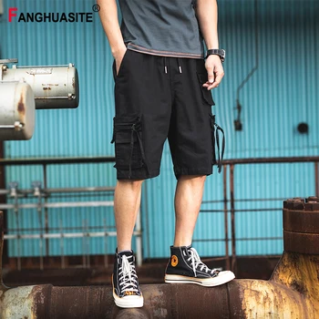 

Men's Casual Shorts Fashion Big Pocket Solid color Cotton Cargo Shorts Streetwear Elastic Waist Hip Hop Jogging sports Shorts