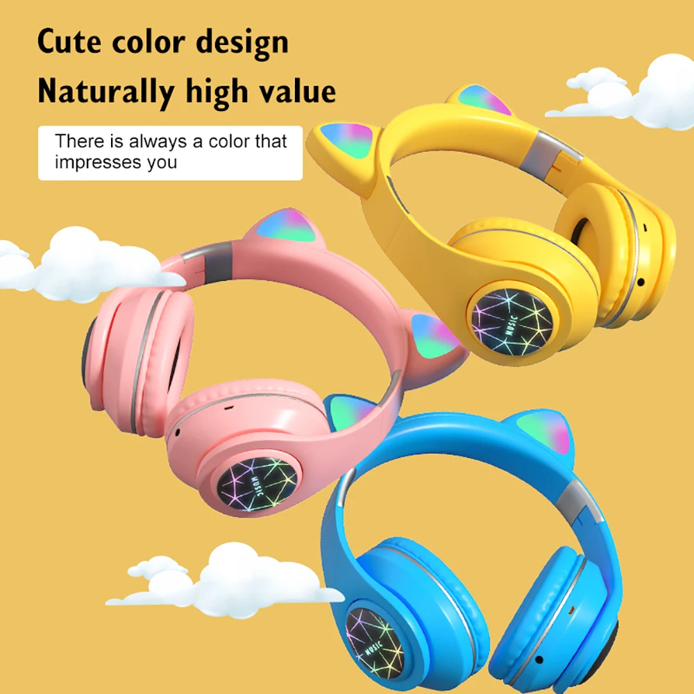 Wireless Headphone pink Cat Ear Bluetooth 5 0 Earphone LDE Flashing Light Stereo MusicTF Card 3 5 mm Plug with Microphone