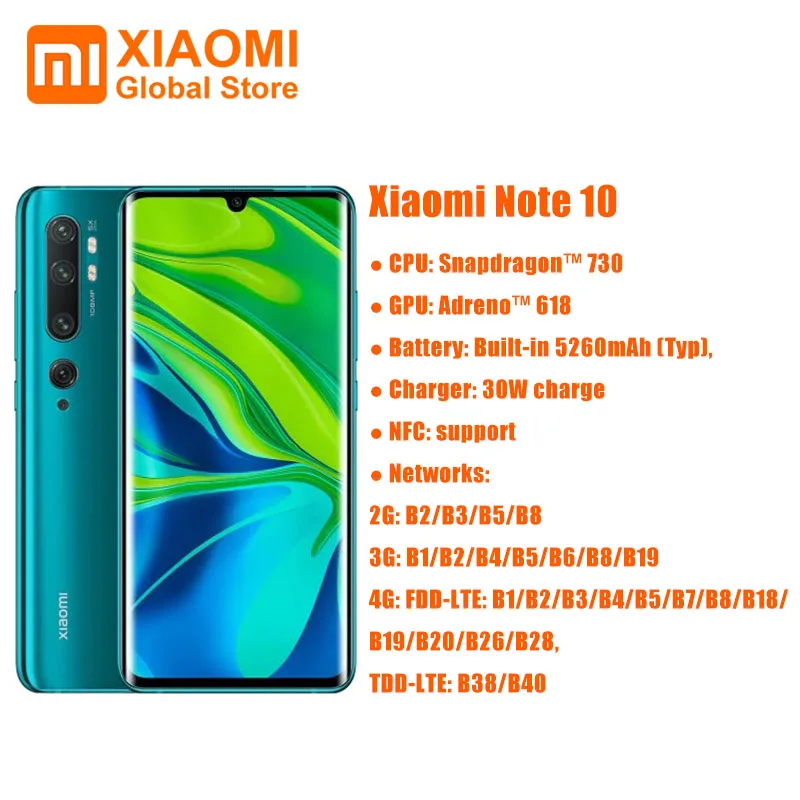 Глобальная версия Xiaomi Mi Note 10, 6 ГБ ОЗУ, 128 Гб ПЗУ, аккумулятор 5260 мАч, смартфон с задней камерой 108 МП, быстрая зарядка, смартфон