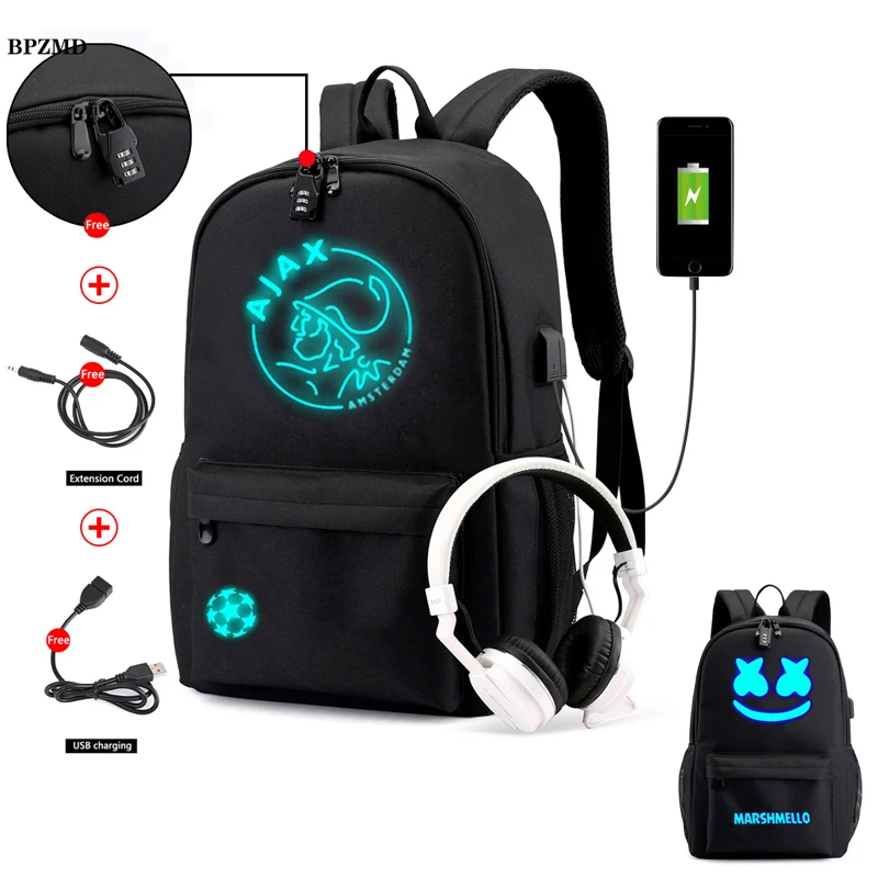 Skup Dj marshmello Anti theft Luminous Canvas wodoodporny plecak dla mężczyzn AJAX Student School plecak nastolatki dziewczyna chłopcy torba na książki