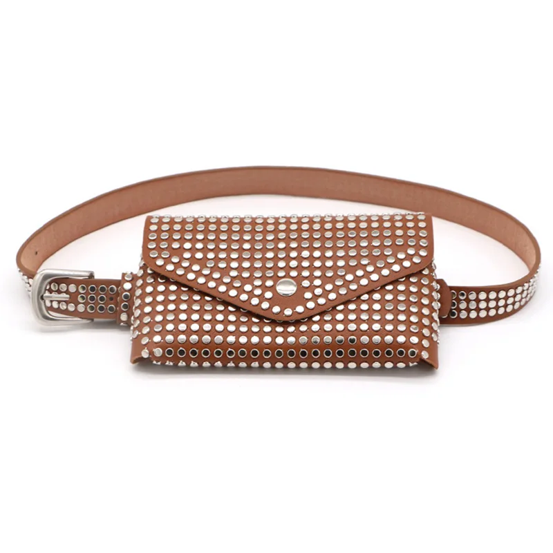 Brown Waist Bag Поясные Сумки с заклепками, женская модная дизайнерская Роскошная поясная сумка, мини кожаный ремень, нагрудная сумка, повседневная женская маленькая сумочка для телефона, кошелек, сумочка - Цвет: Brown Waist Bag