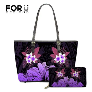 

FOURDESIGNS Luxury Women Shoulder Bag And Purse Set Hawaii Hibiscus Flower Printing Brand Designer Ladies PU Leather Totes Bag