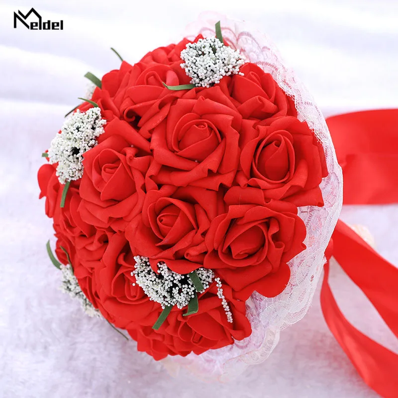 Red Meldel Artificial Roses Pink Wedding Flower Bridal Bouquet Fake Flower Wedding Bouquet Bridal Bouquets Holder Mariage Home Decor - Цвет: Red