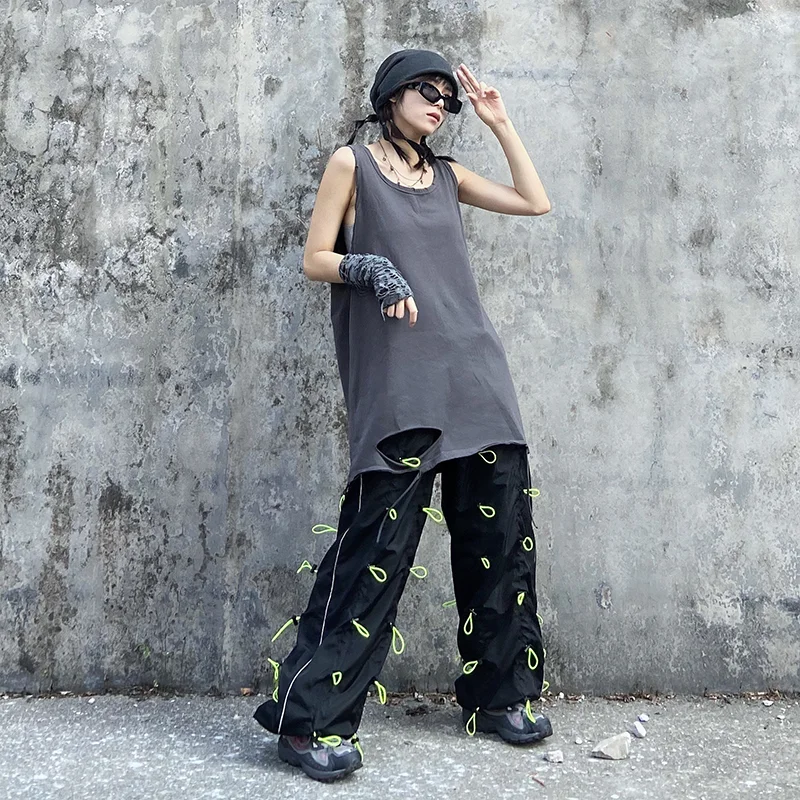 [EAM] High Elastic Waist Green Drawstring Wide Leg Long Trousers New Loose Fit Pants Women Fashion Tide Spring Autumn 2020 1X847