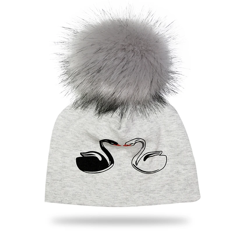Хлопковая детская шапка Помпон с искуственным мехом шапка для девочек и мальчиков зимняя детская Кепка - Цвет: grey swan