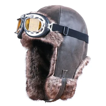 

Retro Men Bomber Hat PU Leather Ushanka Faux Fur Earflap Aviator Trapper Hunting Hat Russian Winter Snow Ski Cap Goggles