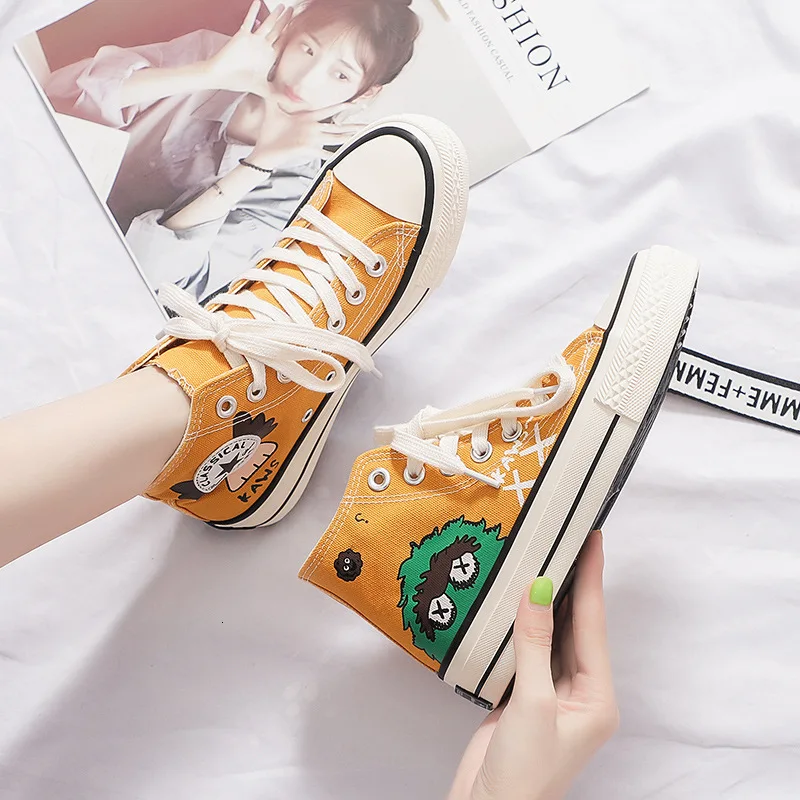 Уличная парусиновая женская обувь с изображением кунжута; студенческие маленькие грязно-оранжевые маленькие белые туфли; коллекция года; Студенческая обувь для катания на коньках - Цвет: yellow