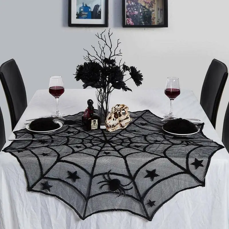 

1pcs Halloween Black Spider Web Five-pointed Star Small Tablecloth Round Gray-black Atmosphere Theme Tablecloth Home Decoration