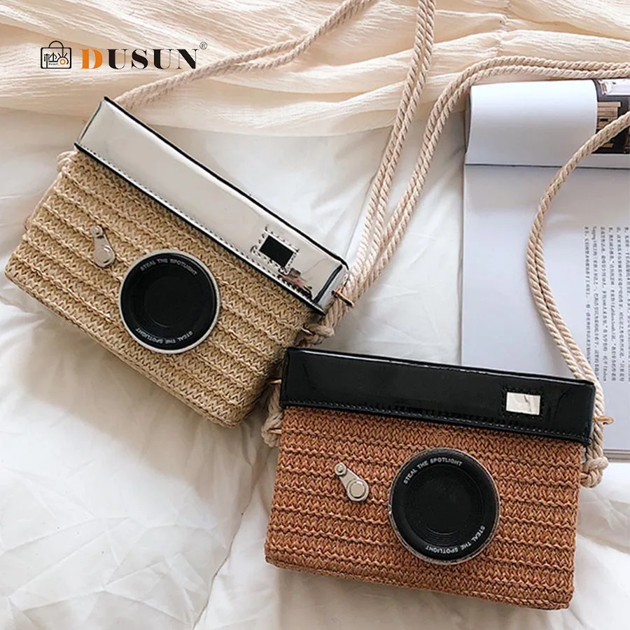 

Stylish Straw Woven Rectangular Shoulder Bags Retro Ladies Mini Diagonal Camera Bag Female Shoulder Slanted Small Square Bags