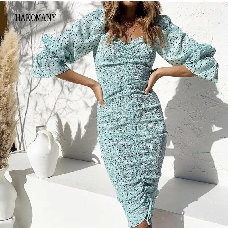 2020 Women Lacing up Elastic Ruched Mid Long Party Dresses Slim fit Vestido Package Hips Dot Print Long sleeve Dress Elegant