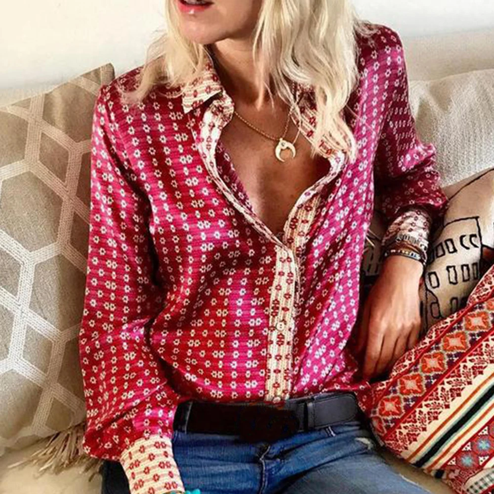 

New Fashion Tops Blouses Women Long Sleeve Autumn V Neck Floral Printing Streetwear Top Ladies Office Work Shirts