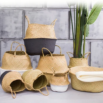 

Handmade Bamboo Storage Baskets Foldable Laundry Straw Patchwork Wicker Rattan Seagrass Belly Garden Flower Pot Planter Basket