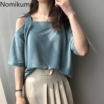 

Nomikuma 2020 Spring Summer New Knitted T Shirt Sexy Strapless Short Sleeve Sling Tshirts Korean Causal Women Top Tees 3Z471