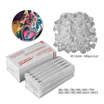 

100pcs Disposable Mixed Tattoo Needles Tattoo Ink Cups Medium Size Includes 3RL/ 5RL / 7RL / 9RL / 3RS / 5RS / 7RS / 9RS / 5M1