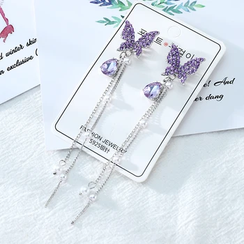 

Sweet Shiny Rhinestone Butterfly Earrings Long Pearl Chain Tassel Drop Dangle Earrings for Women Christmas Gift