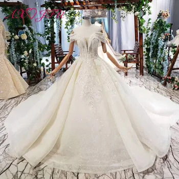 

AXJFU Luxury princess champagne flower lace vintage boat neck beading pearls dubai white wedding dress 100% real photo1299