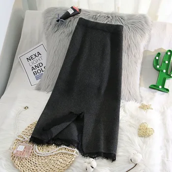 

knitted women skirts high waist lace patchwork solid slim knee-length lady elegant skirts top quality