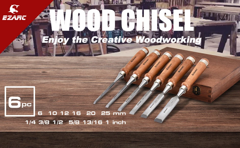 6pc Wood Chisel Set for Woodworking CRV Steel with Walnut Handle in 