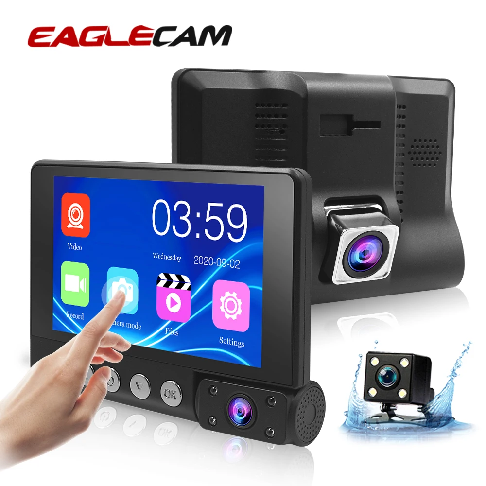 Видеорегистраторы для автомобилей Full HD 1080P 4 дюйма Dash Cam 3 объектив камеры Двойной