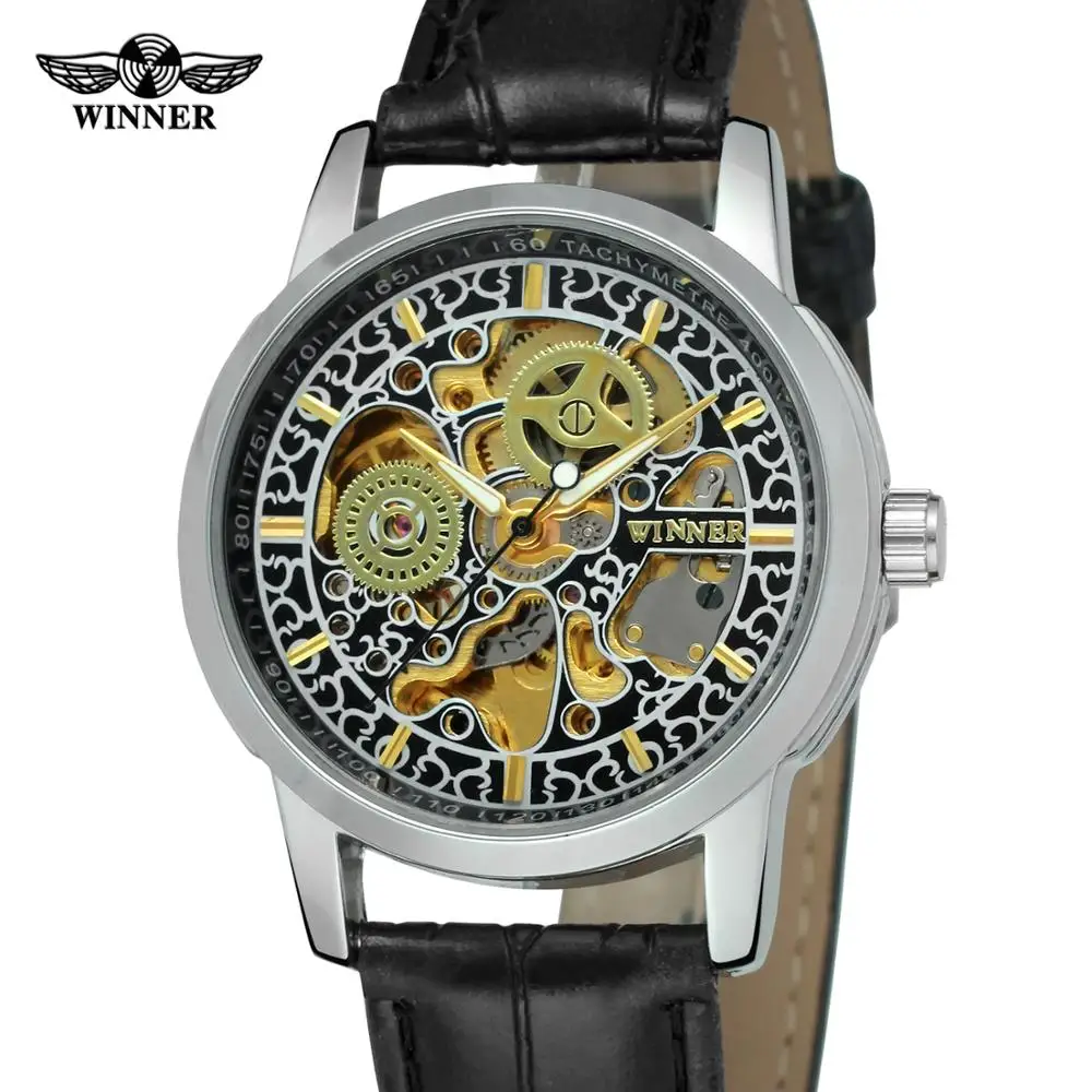 

Winner Men Mechanical Automatic Watch Clock Classic Chinese Style Pattern Skeleton Design Brown Leather Strap Luxury Brand Watch