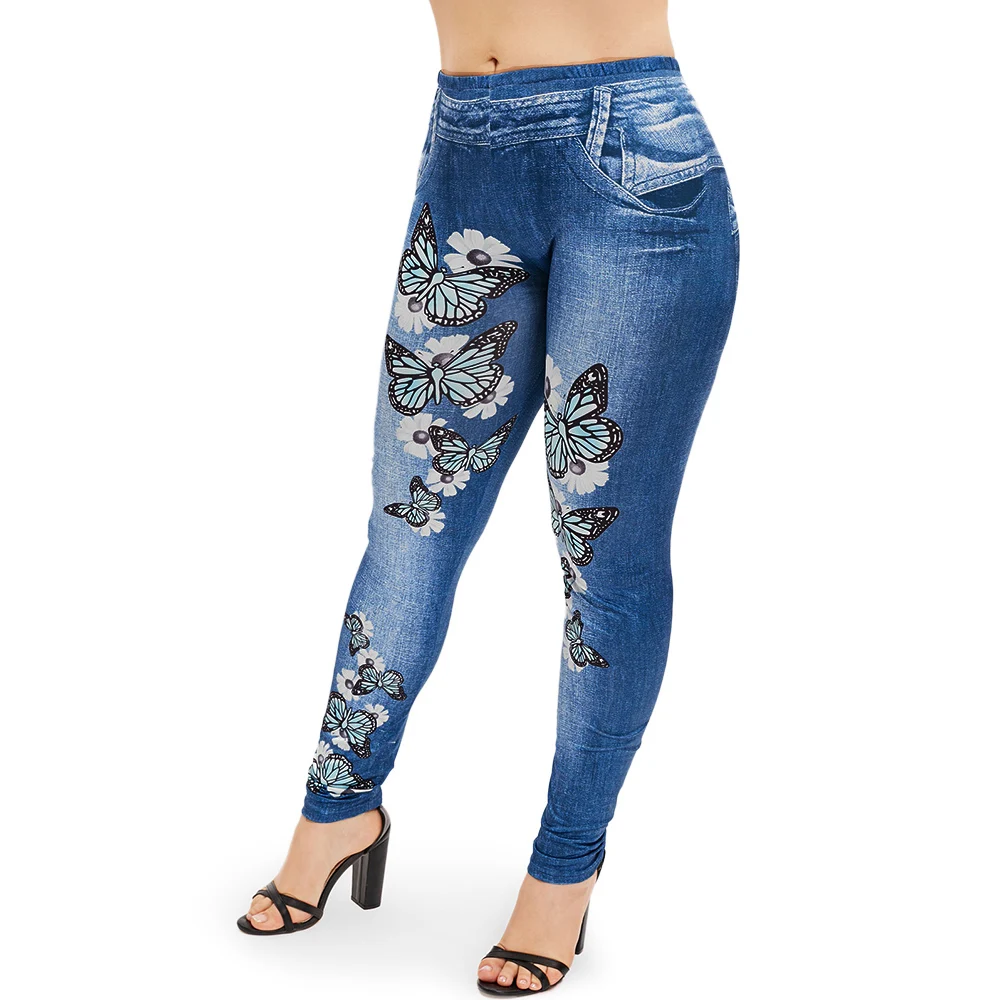Joineles плюс размер 5XL Женские джинсы-леггинсы Цвет Бабочка 3D печать Брюки Высокая талия эластичная талия узкие леггинсы брюки - Цвет: Deep Blue