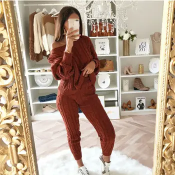 

Goocheer New Autumn Women Cotton Tracksuit Set Two Piece Sweater Top + Pants Suit O-Neck Knitted Set Women outwear 2PCS/Set