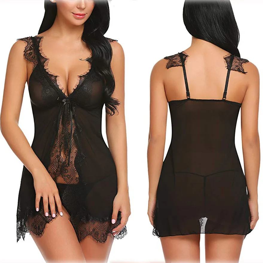 

Exotic style hollow backless underwear new sexy lingerie sexy lace perspective temptation strap nightdress suit