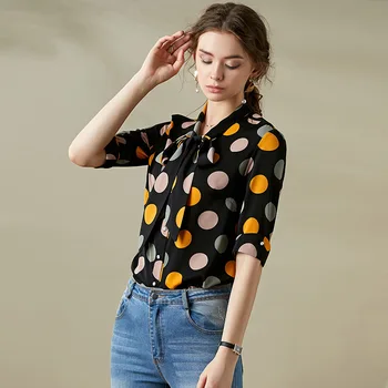 

Shirt Women Blouse 2020 Spring Summer Fashion Polka Dot Lace-up Bow Collar Half sleeve Shirt Single Breasted Cardigan Tops