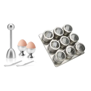 

2 Set Kitchen Tool: 1 Set Egg Pad Egg Cutter Egg Clip Eggs Cutter Pad with Spoon & 1 Set netic Spice Jars Set Seasoning Box C